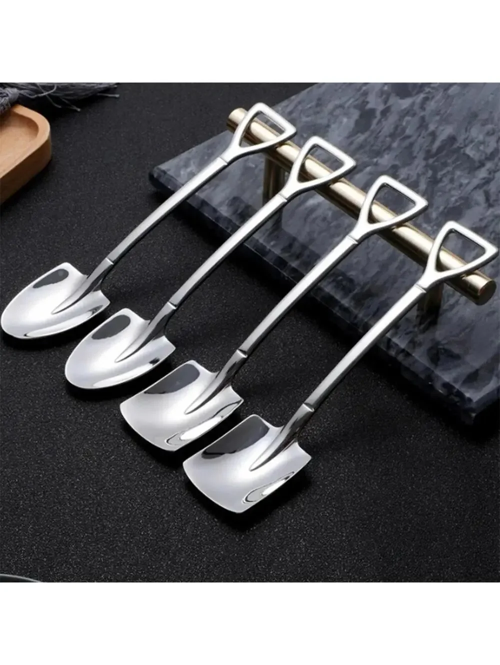 4-Piece Mini Shovel Spoons Set, Silver Stainless Steel Dessert Serving Utensils